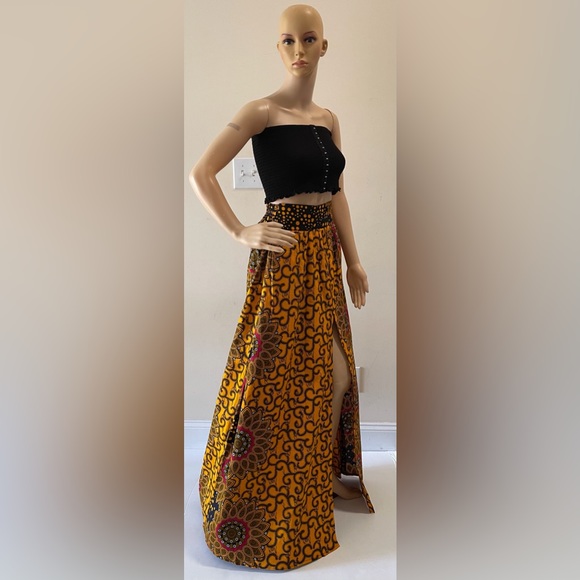 Yellow Multicolor African Print Ankara Handmade High Slit Maxi Skirt - Picture 4 of 5
